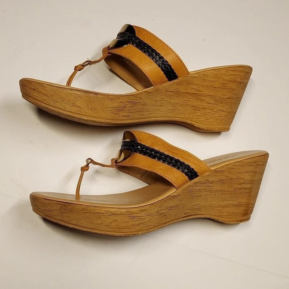 Mila Paoli Leather Wedge Sandals Tan and Black Size 9